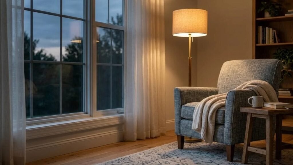 Quiet armchair corner with a lamp and a mug at dusk