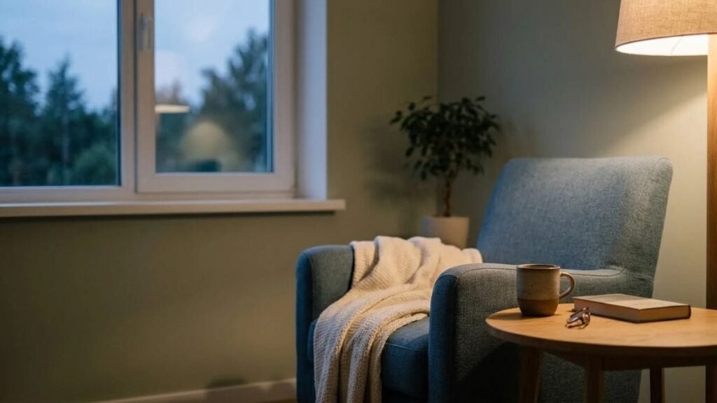 Quiet window corner with an armchair and a mug
