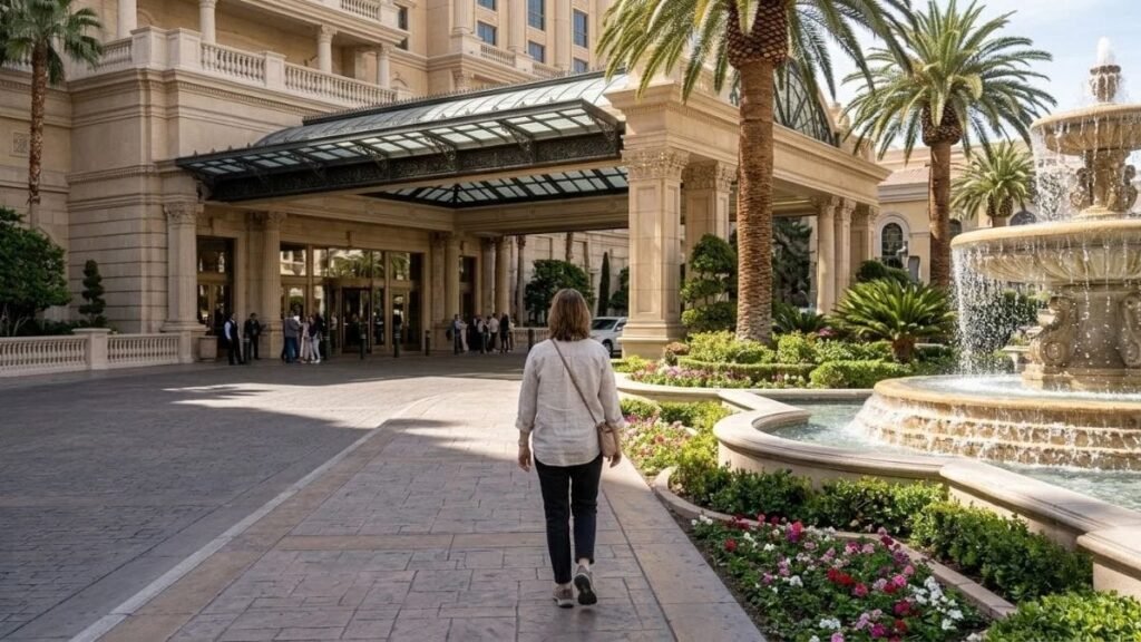 Palm-lined Las Vegas boulevard during spring evenings