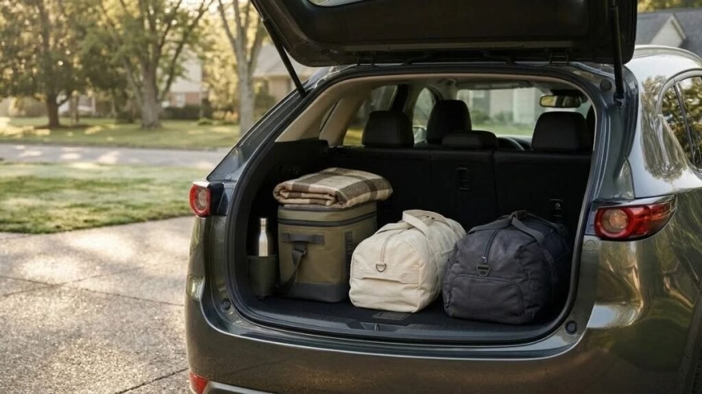 Road trip essentials arranged inside an open car trunk