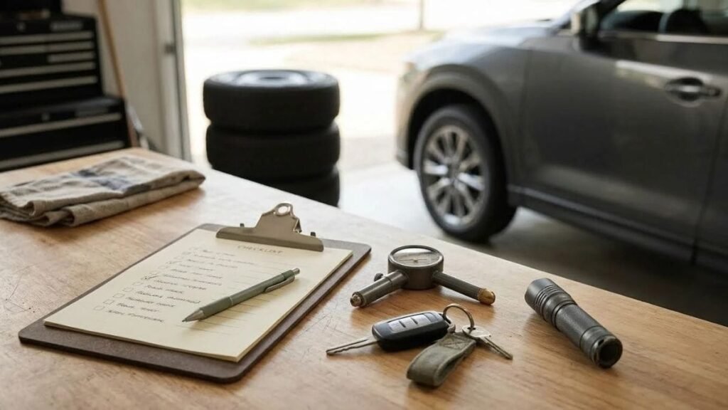 Road trip essentials checklist with tire gauge and car keys