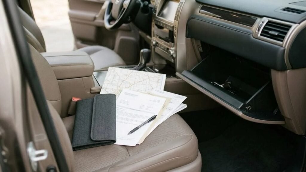 Road trip essentials including vehicle documents and a paper map