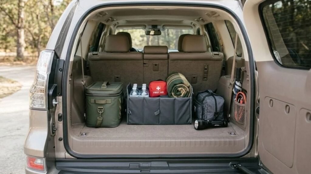 Road trip essentials including water, a cooler and an emergency kit