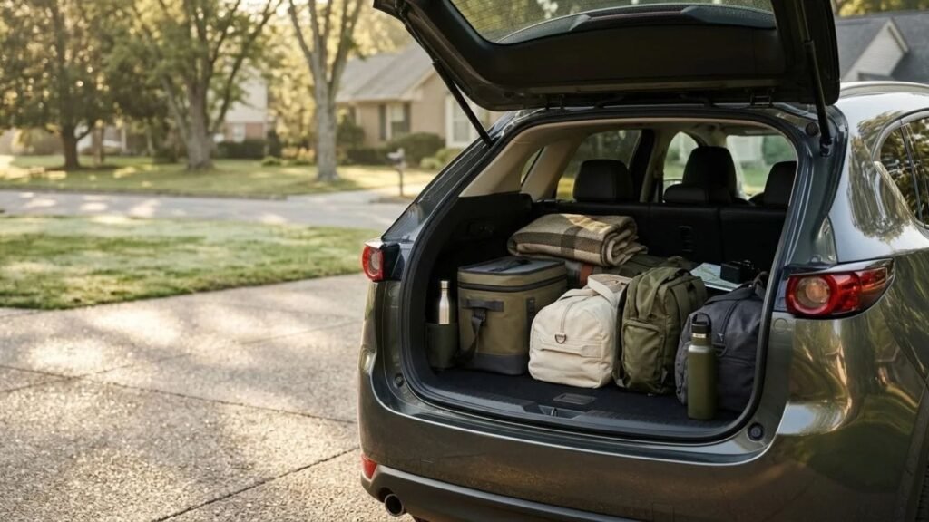Road trip essentials packed neatly in an SUV trunk