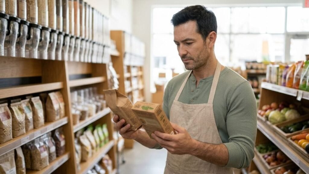 Shopper comparing two food packages in a store aisle for a healthy grocery list