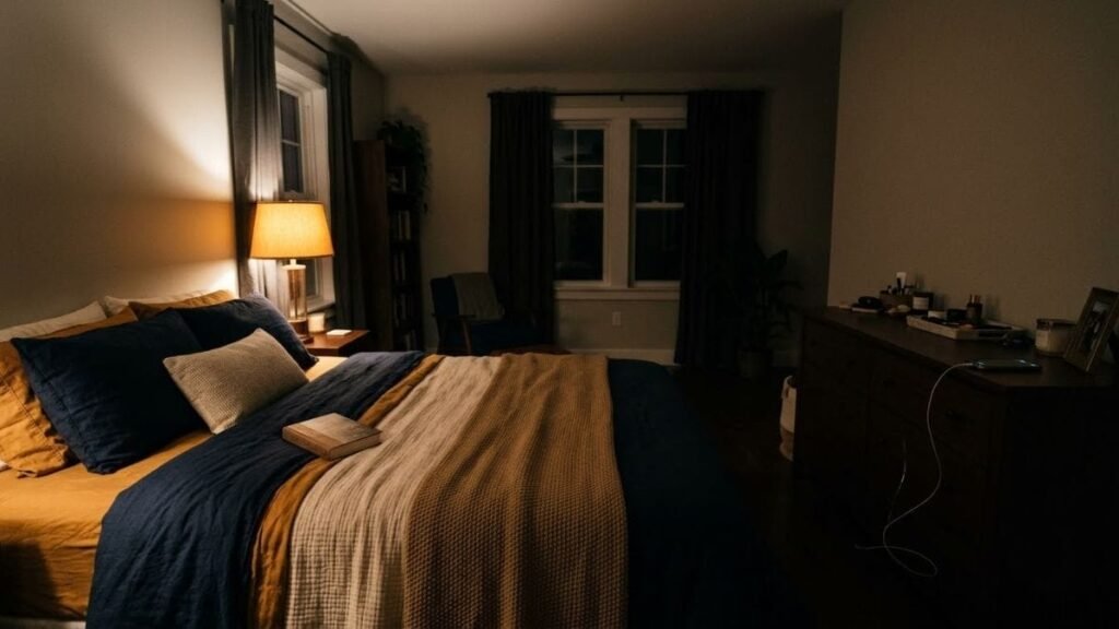 Smartphone charging on a dresser across a dim bedroom, a night routine for better sleep