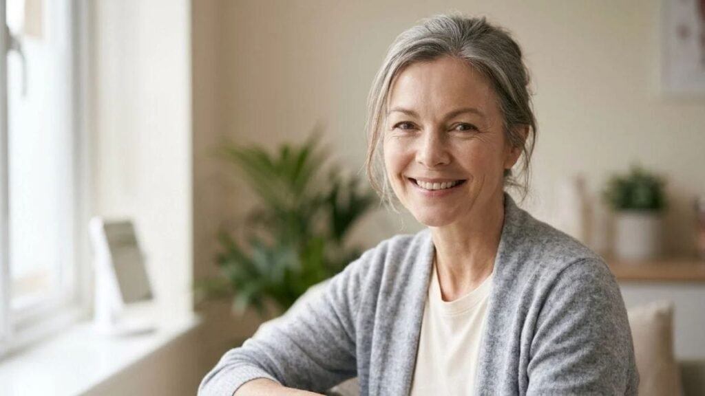 Smiling woman in her forties in soft light, a skin care routine for women over 40 result