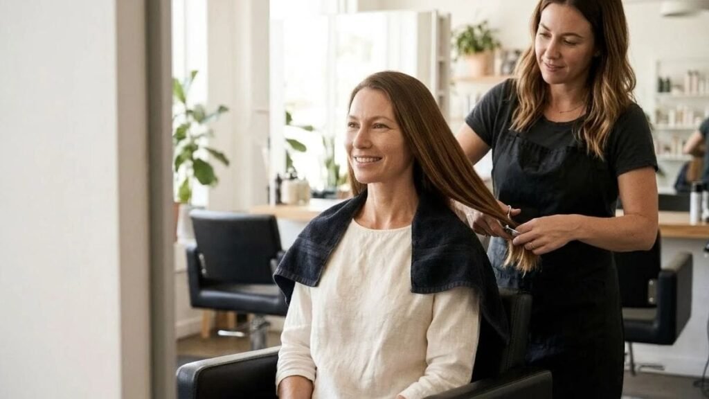 Stylist trimming the ends of glossy hair, a habit for how to get shiny hair