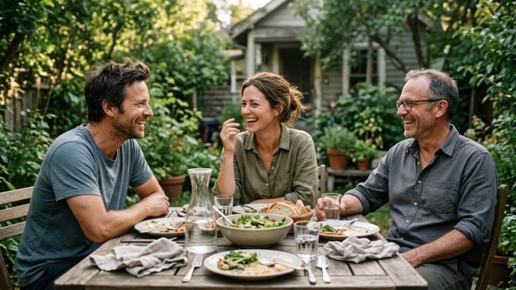 Three friends laughing at a garden table meal, a social part of healthy living habits