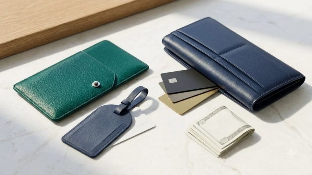 Travel wallet, payment cards and cash for a Travel Documents Checklist