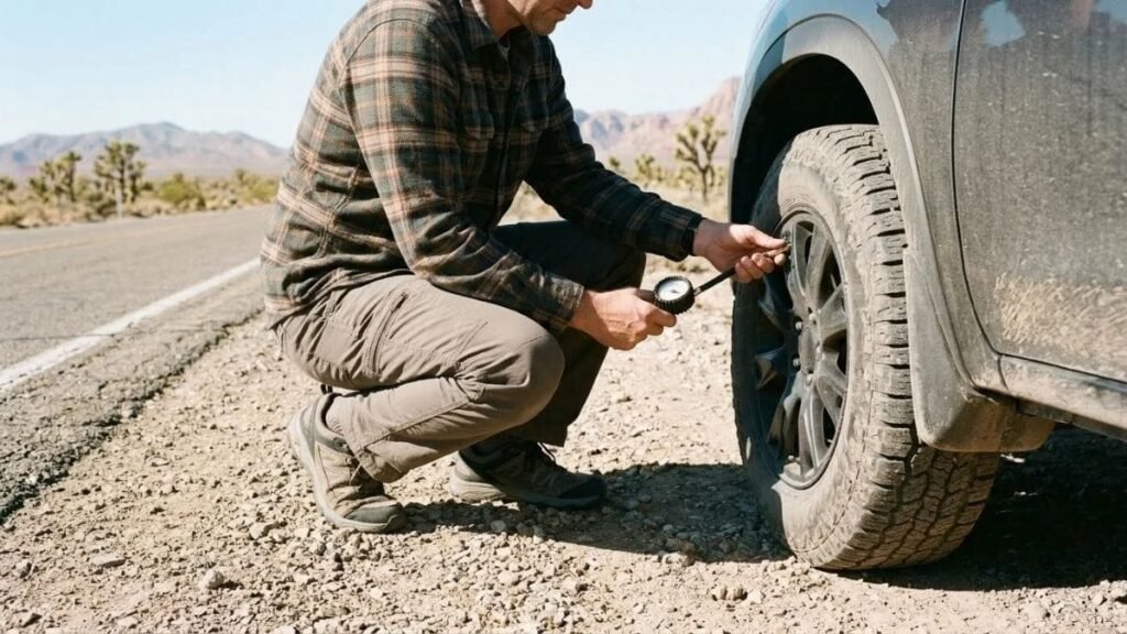 Checking tyre pressure before the Los Angeles to Las Vegas Drive
