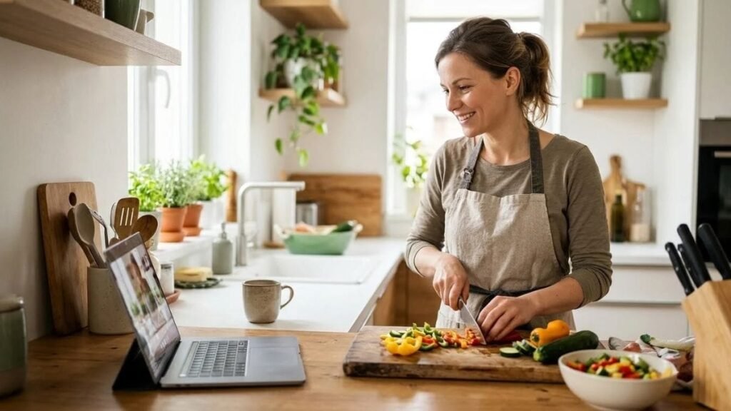 Two adults cooking the same meal in separate kitchens, one of many long distance relationship tips