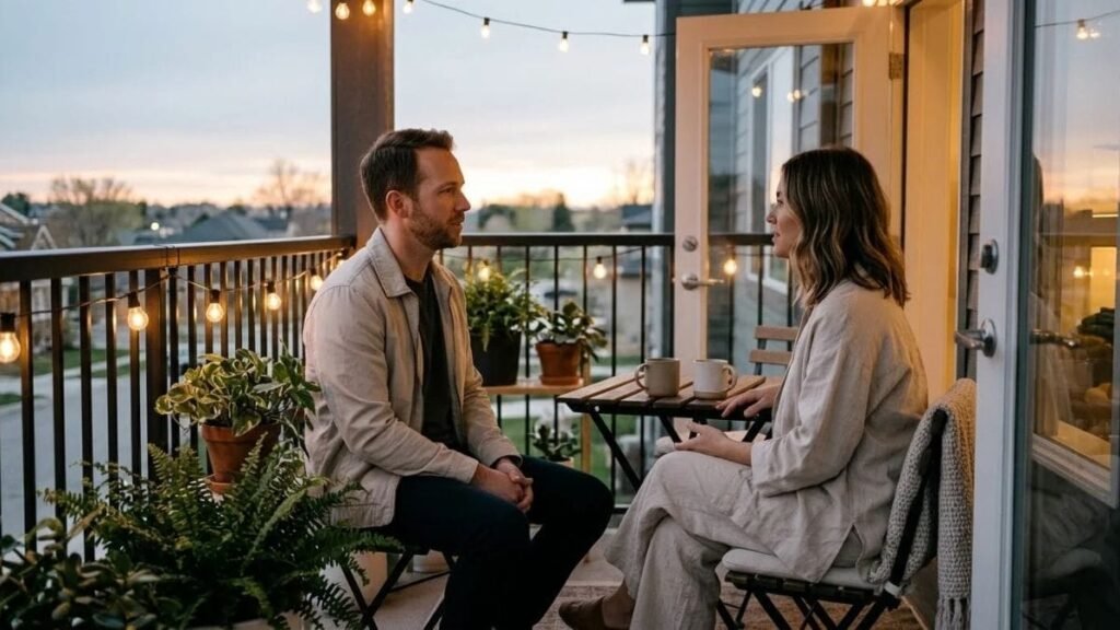 Two adults talking calmly on a balcony about healthy boundaries in a relationship