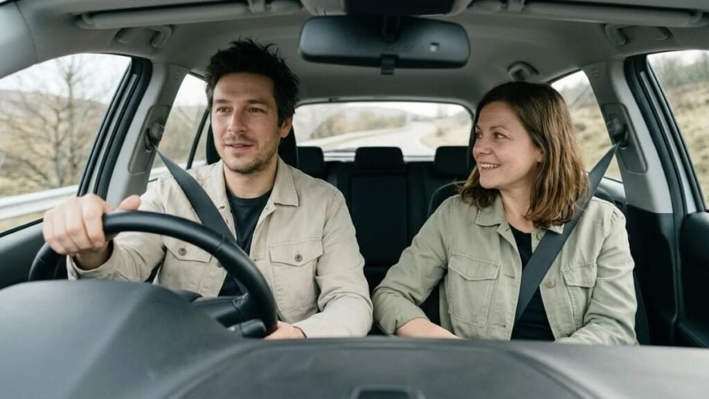 Two adults talking in a parked car with a road ahead