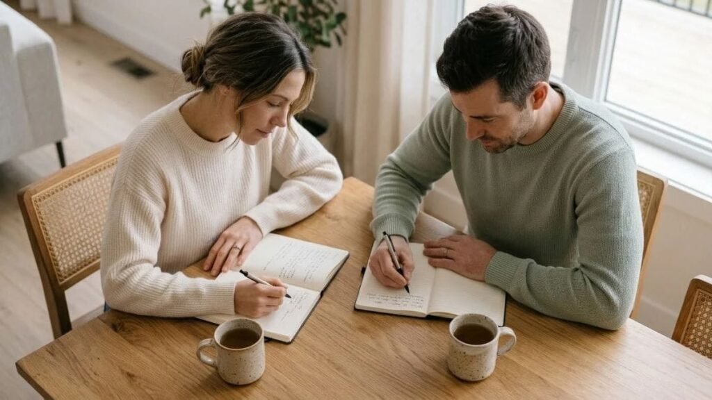 Two adults writing in notebooks at a table to compare love languages