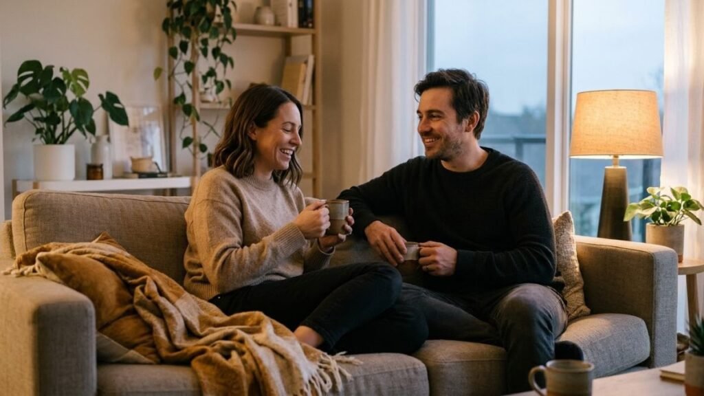 Two friends laughing over tea on a living room sofa in warm evening lamp light