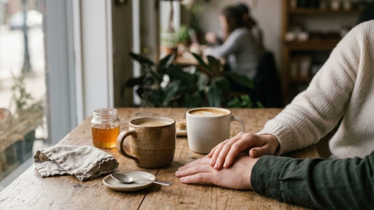 Two hands resting together on a cafe table beside coffee cups