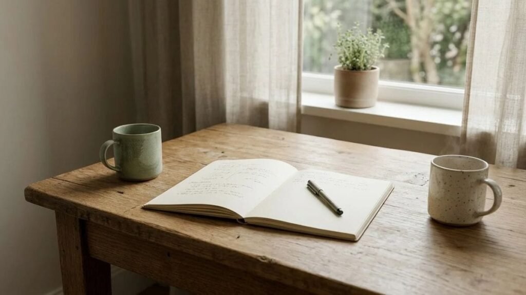 Two mugs and an open notebook on a kitchen table