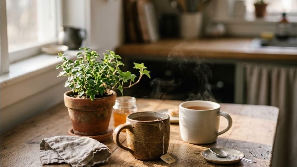 Two mugs of tea on a kitchen table in soft morning light
