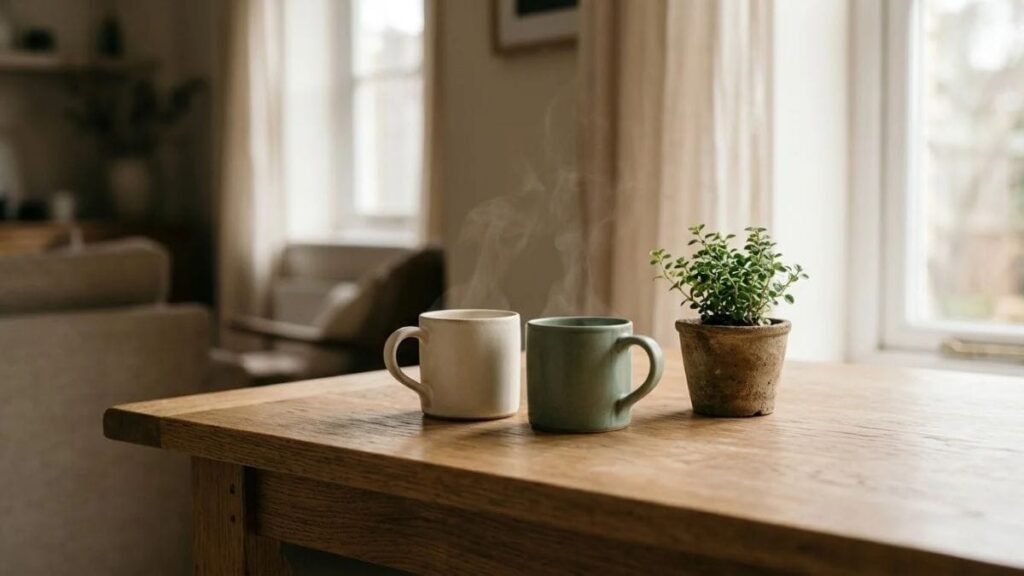 Two mugs on a wooden table by a bright window