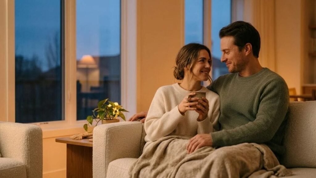 Two partners sharing a quiet moment on a sofa that shows love languages