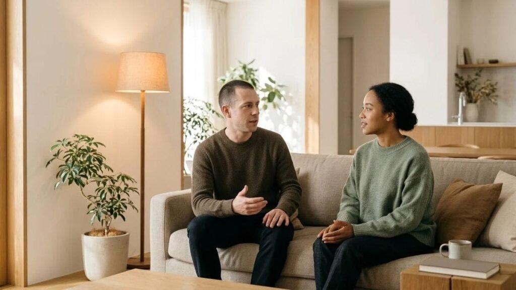 Two partners sitting at a calm distance to talk about couples fair fighting rules