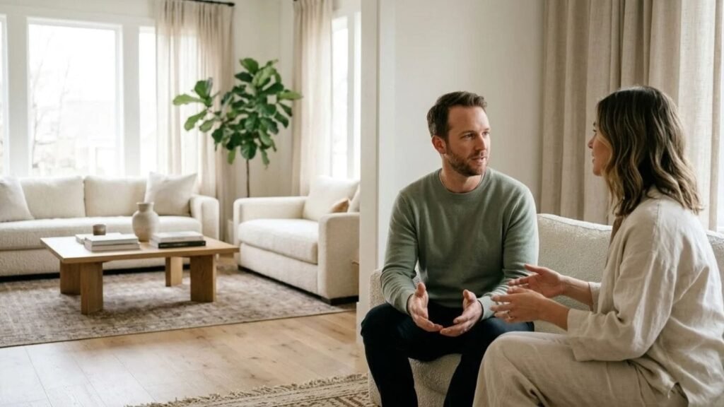 Two partners sitting at a respectful distance talking about healthy boundaries in a relationship