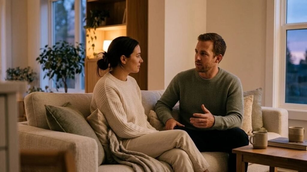 Two partners talking calmly on a sofa about how to improve communication in a relationship