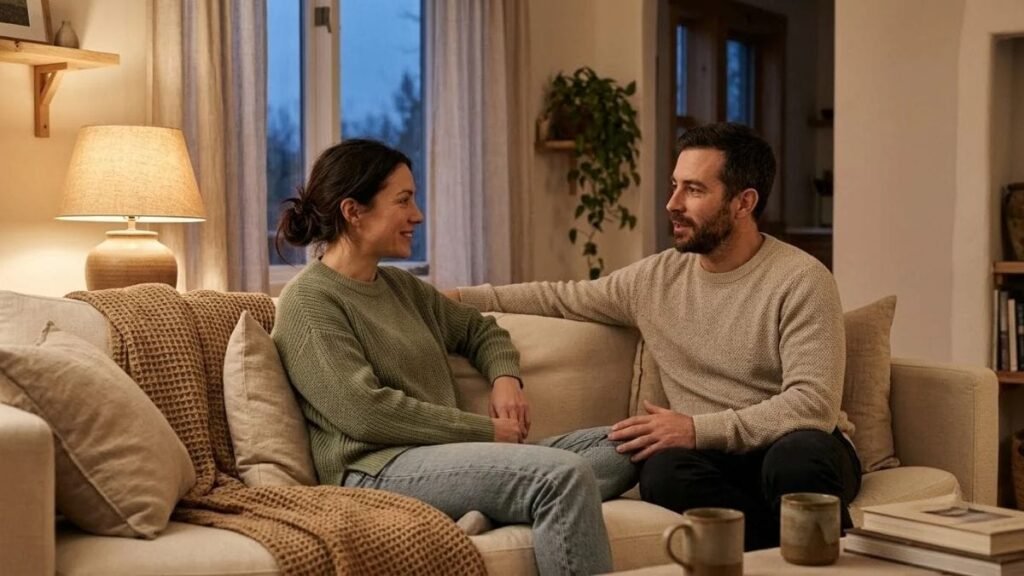 Two partners with mugs sitting together for relationship check in questions