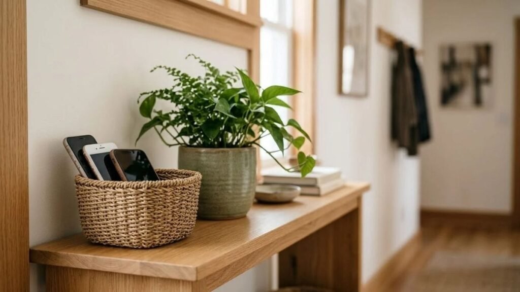 Two phones placed in a woven basket on a shelf