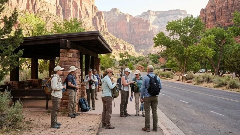 Visitors waiting for a shuttle near Zion National Park