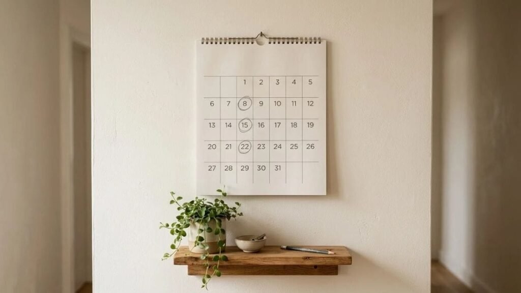 Wall calendar with dates circled beside a map pin card