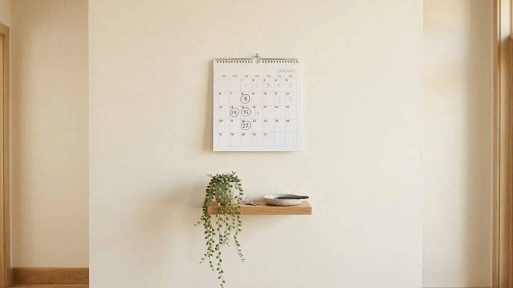 Wall calendar with three months marked in pencil