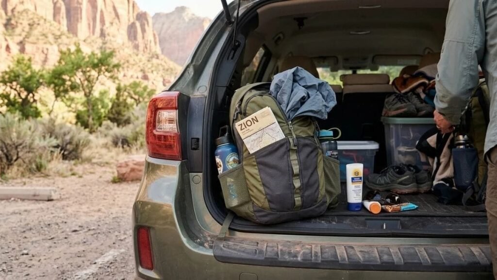 Water, a jacket and day-trip essentials packed in a travel bag