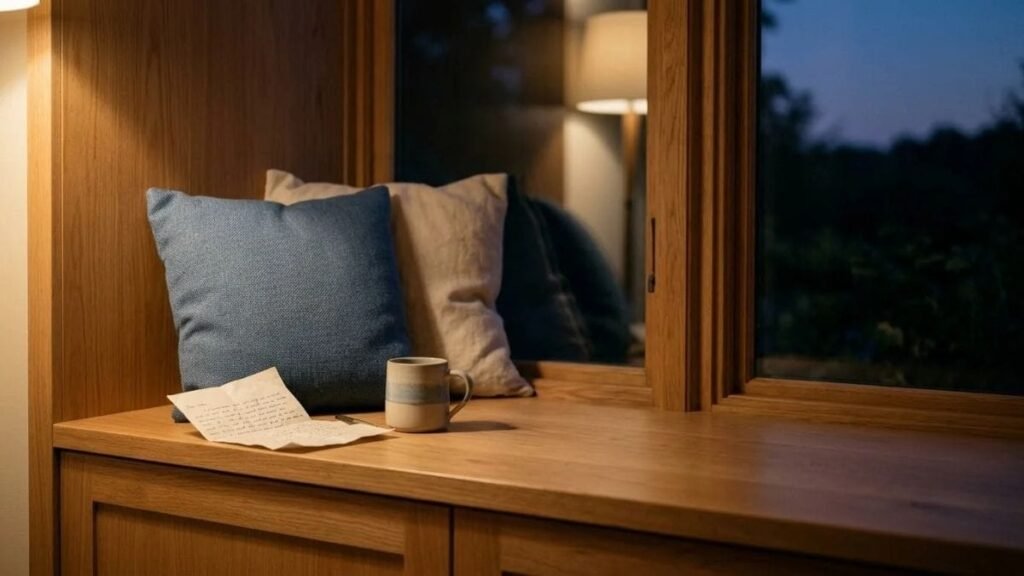 Window seat with an open letter and a mug at dusk