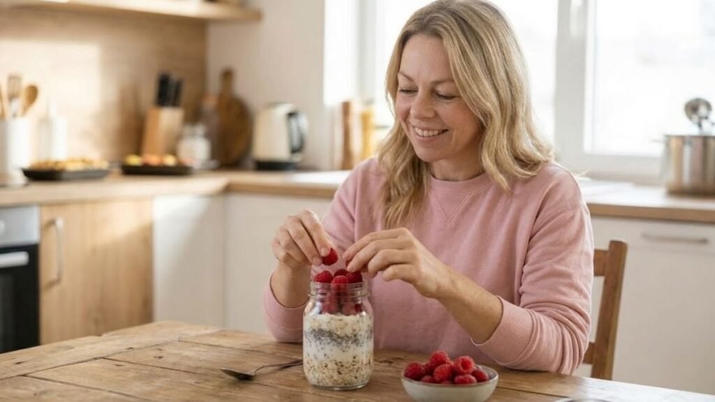 Woman adding raspberries to a jar, healthy breakfast ideas meal prep