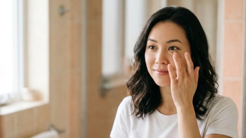 Woman applying concealer to show how to cover dark circles with makeup