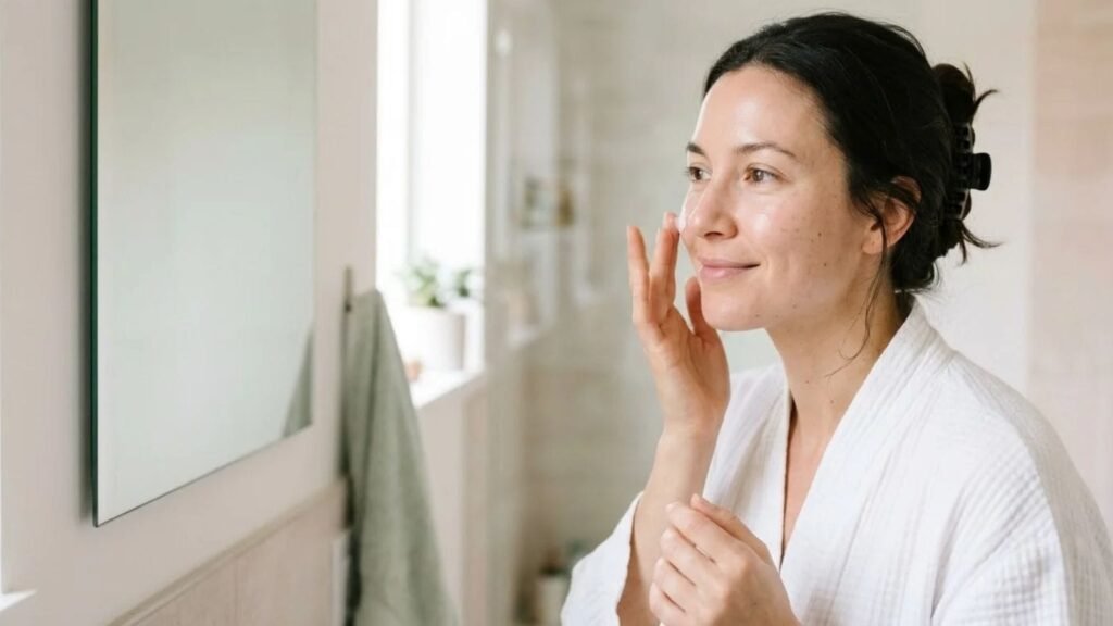 Woman applying moisturizer as part of a basic skincare routine for women