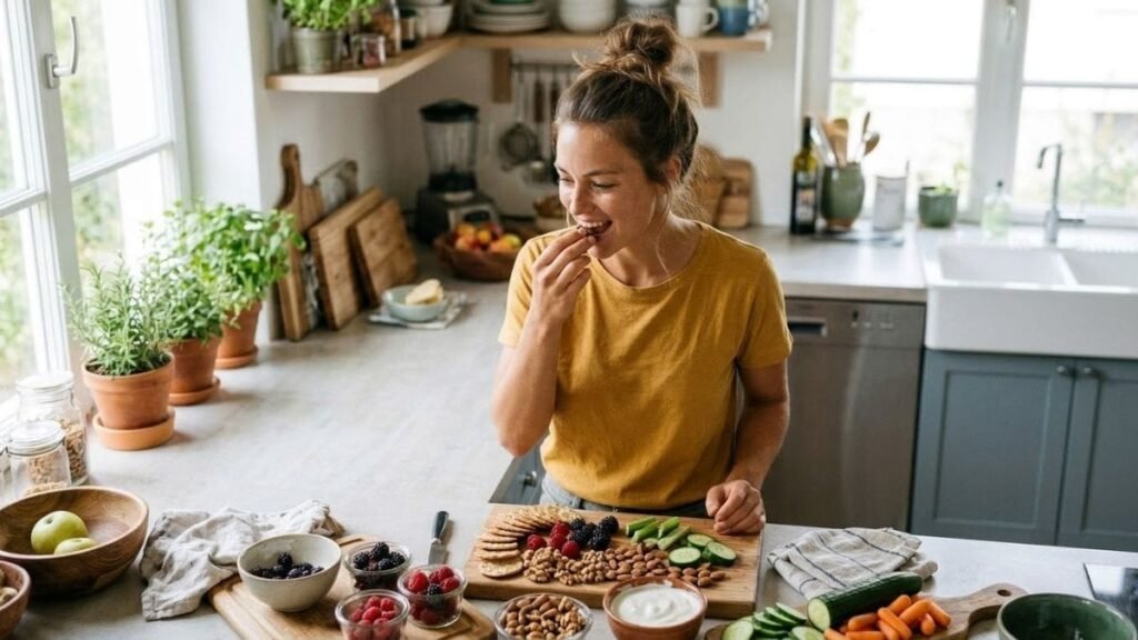 Woman arranging snacks from a healthy snacks list