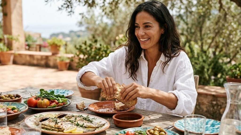 Woman at a table with olive oil, vegetables and fish, a mediterranean diet food list