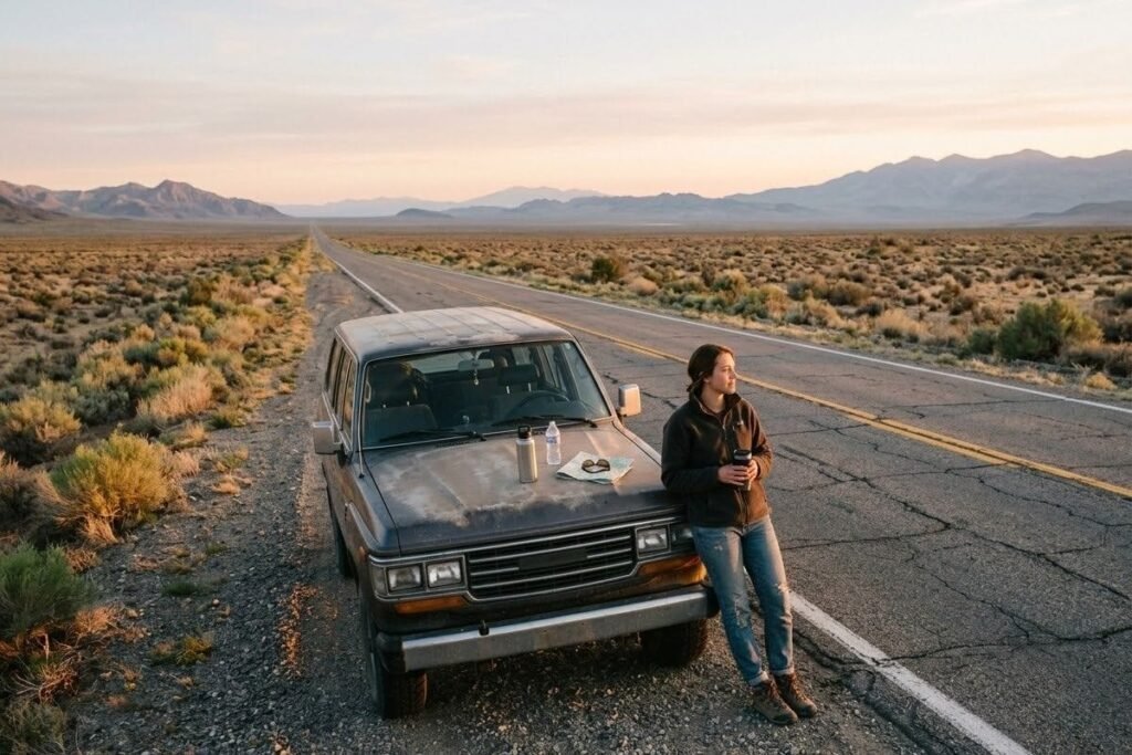 Woman beside a car on a desert road at dawn, west coast road trip usa