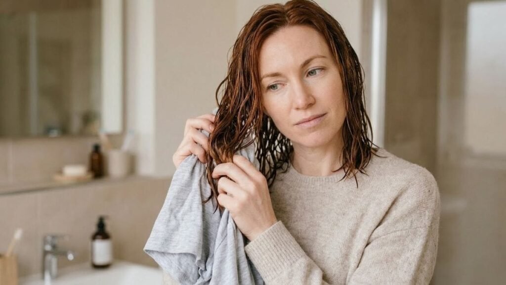 Woman blotting wet hair with a soft cotton shirt, a hair care routine for split ends