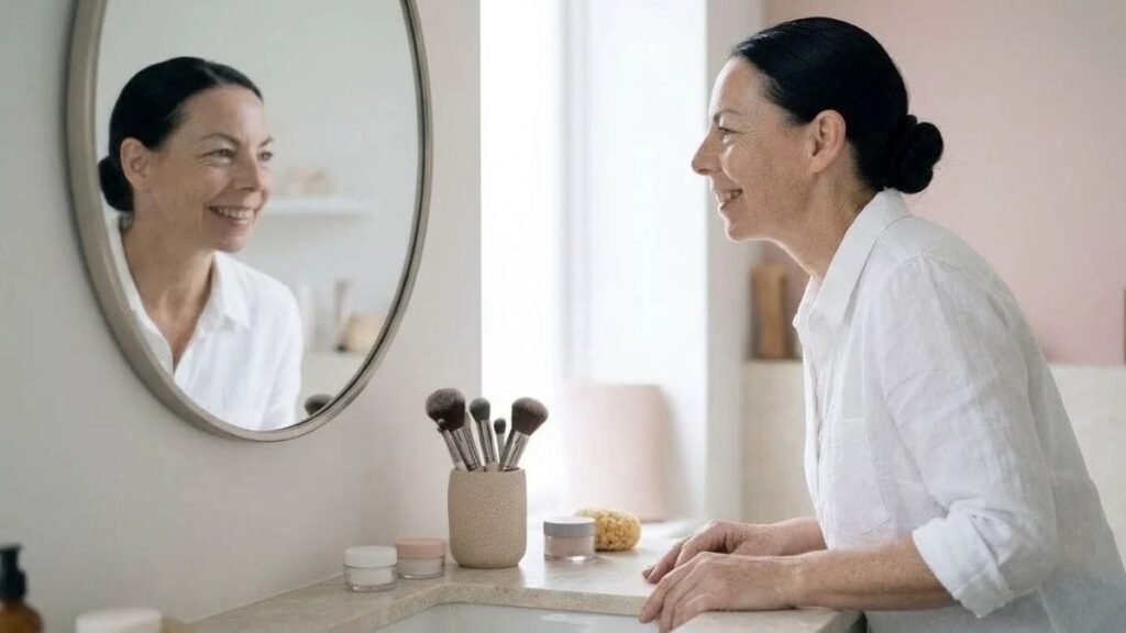 Woman by a mirror with clean makeup brushes, a result of how to clean makeup brushes