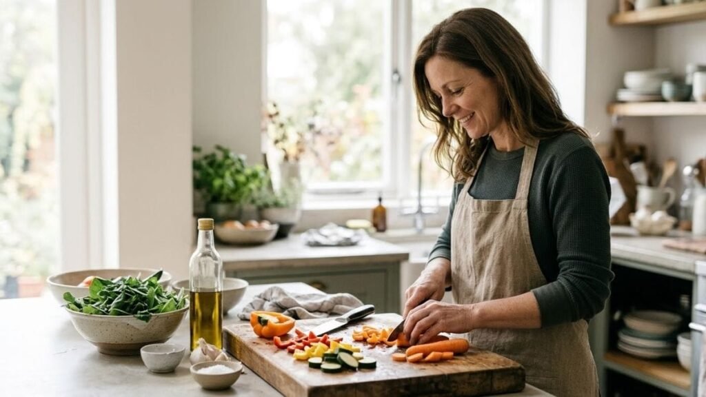 Woman chopping colorful vegetables at a bright kitchen counter for a healthy meal
