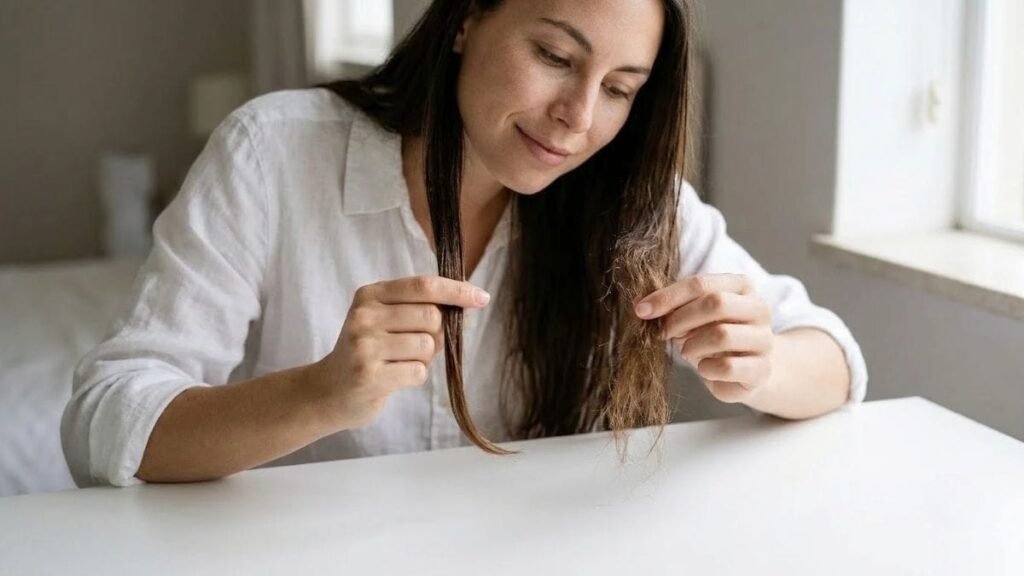 Woman comparing a smooth and a rough hair strand for low porosity vs high porosity hair