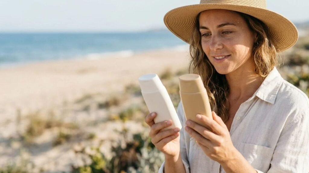 Woman comparing sunscreen bottles to show how to choose sunscreen