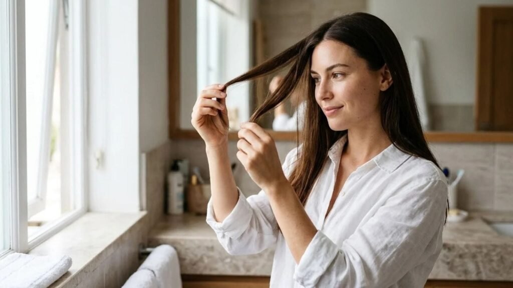 Woman comparing two hair strands in the light, low porosity vs high porosity hair