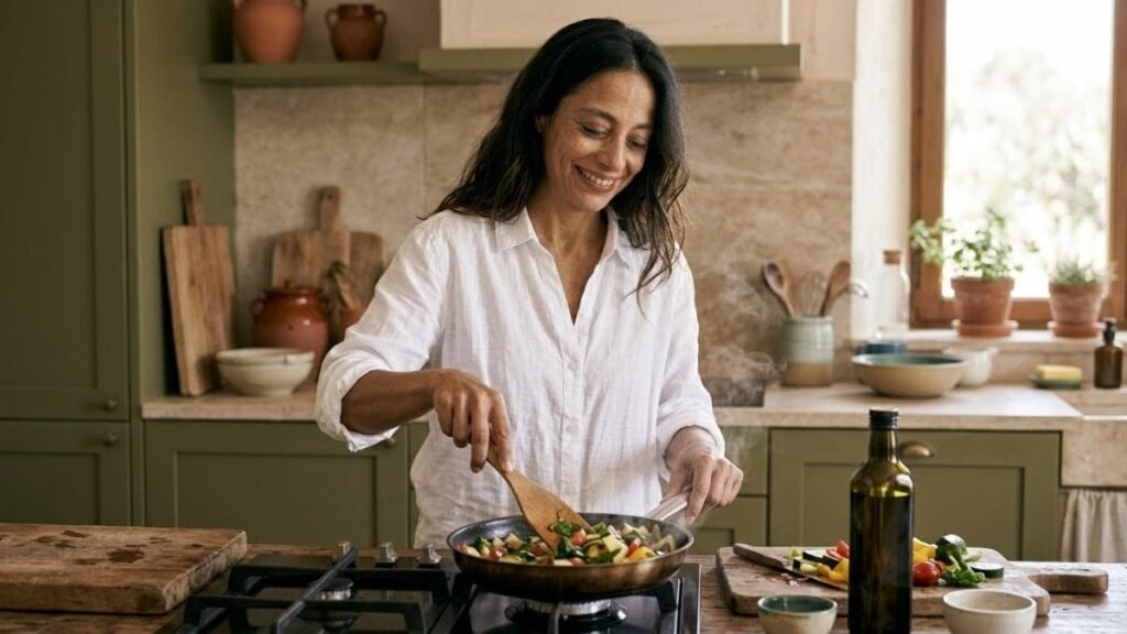 Woman cooking vegetables in olive oil, a mediterranean diet food list dish