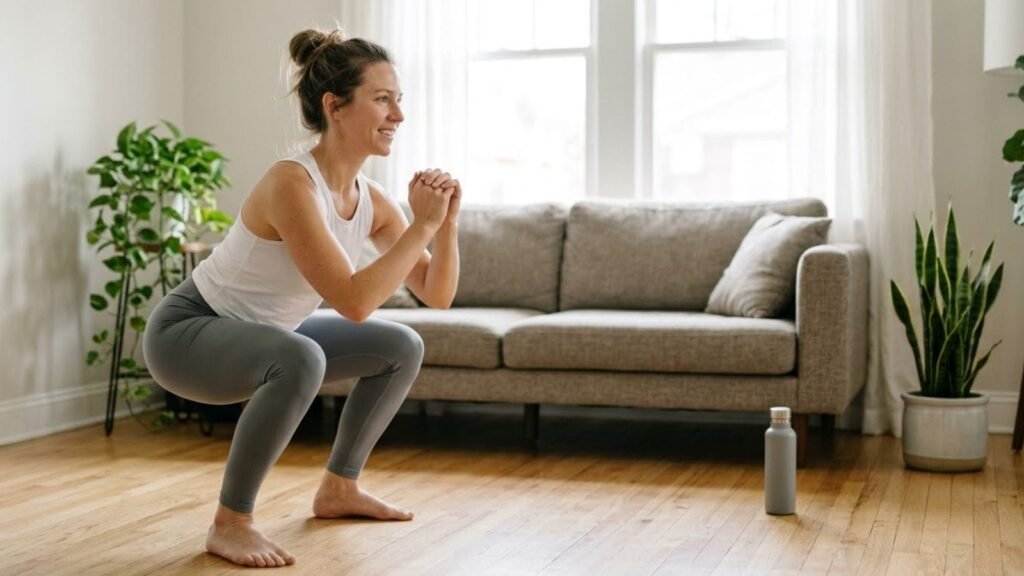 Woman doing a bodyweight squat in a bright living room, a home workout without equipment