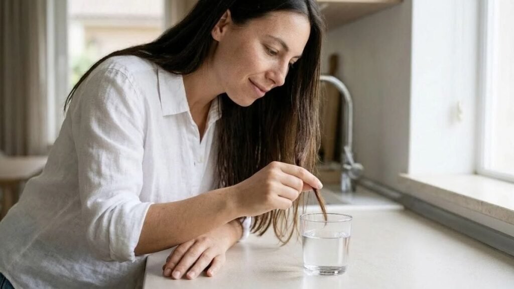 Woman doing a hair float test in a glass of water, low porosity vs high porosity hair